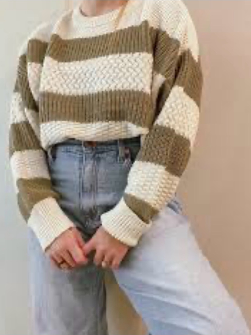 a new day Olive and Cream Striped Crewneck Sweater